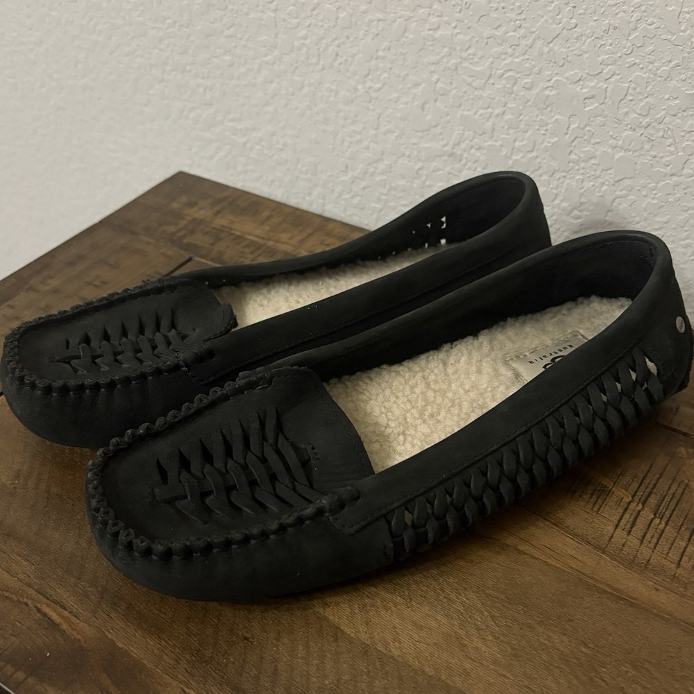 Ugg Clary Charcoal Black Leather Woven Moccasins Loafers Flats Twinsole Size 8